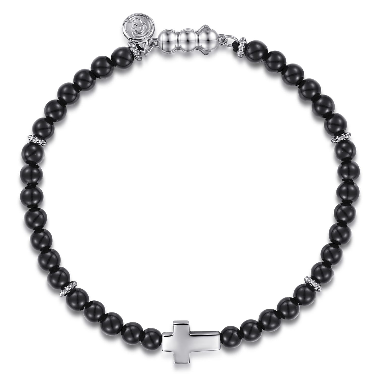 925 Sterling Silver Cross Bracelet with 4mm Onyx Beads - Shot 1