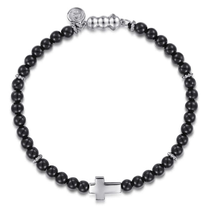 925 Sterling Silver Cross Bracelet with 4mm Onyx Beads