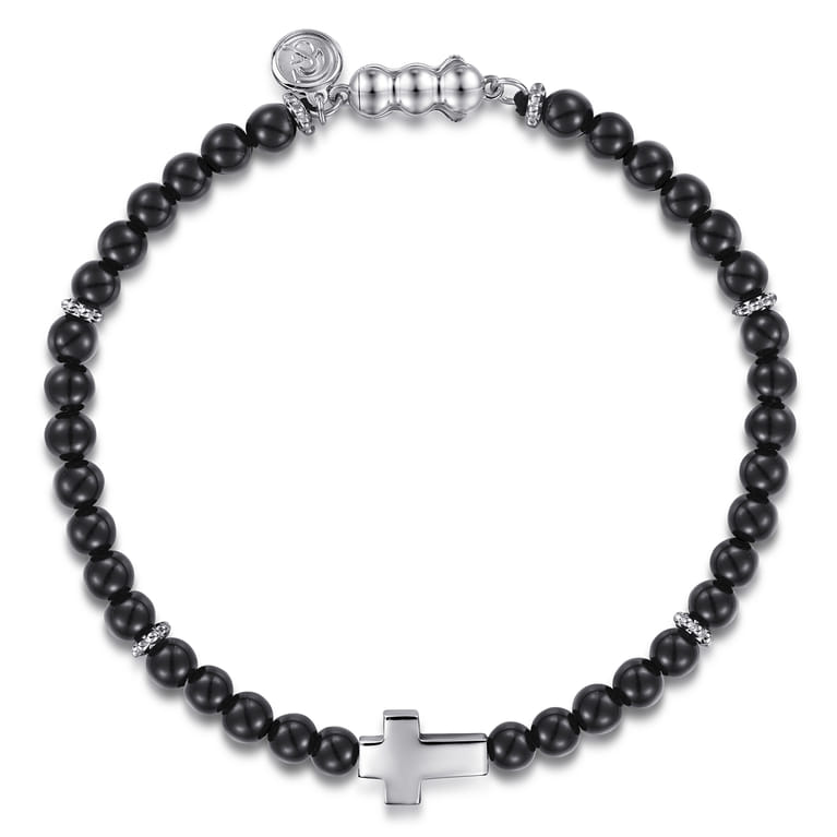 925 Sterling Silver Cross Bracelet with 4mm Onyx Beads - Shot 1
