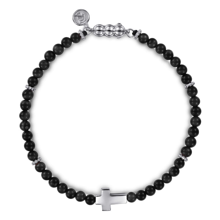 925 Sterling Silver Cross Bracelet with 4mm Onyx Beads - Shot 1