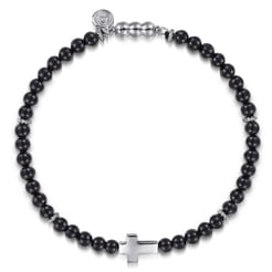 925 Sterling Silver Cross Bracelet with 4mm Onyx Beads