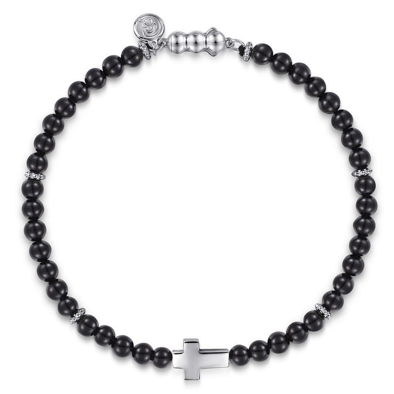 925 Sterling Silver Cross Bracelet with 4mm Onyx Beads - Shot 1