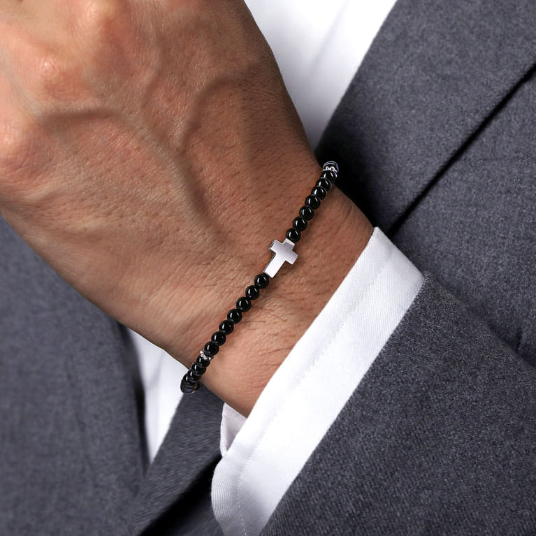 925 Sterling Silver Cross Bracelet with 4mm Onyx Beads - Shot 3