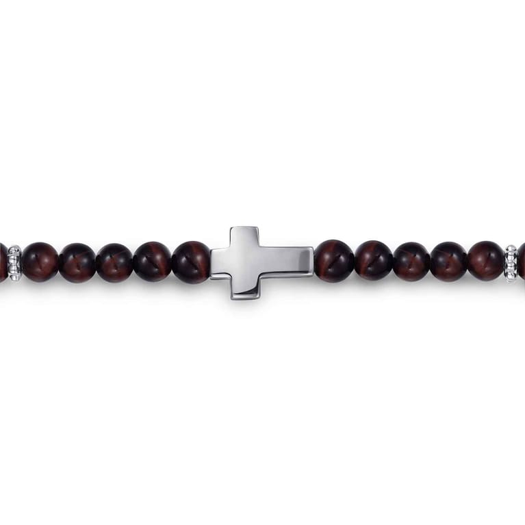 925 Sterling Silver Cross Bracelet with 4mm Tiger Eye Beads - Shot 2