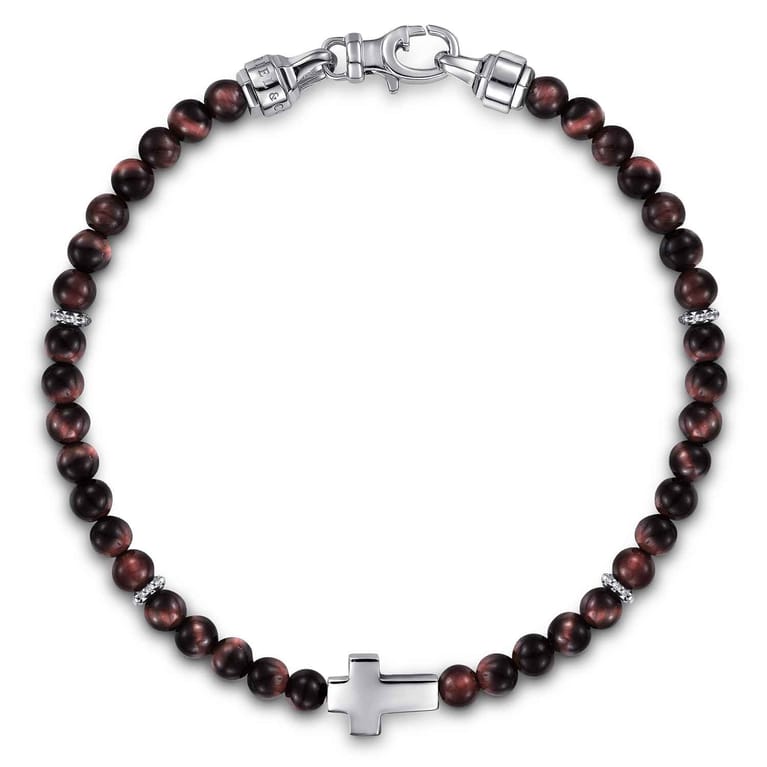 925 Sterling Silver Cross Bracelet with 4mm Tiger Eye Beads - Shot 1