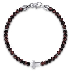925 Sterling Silver Cross Bracelet with 4mm Tiger Eye Beads