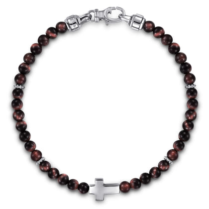 925 Sterling Silver Cross Bracelet with 4mm Tiger Eye Beads