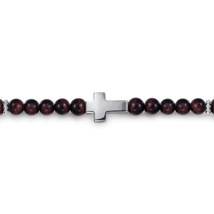 925 Sterling Silver Cross Bracelet with 4mm Tiger Eye Beads