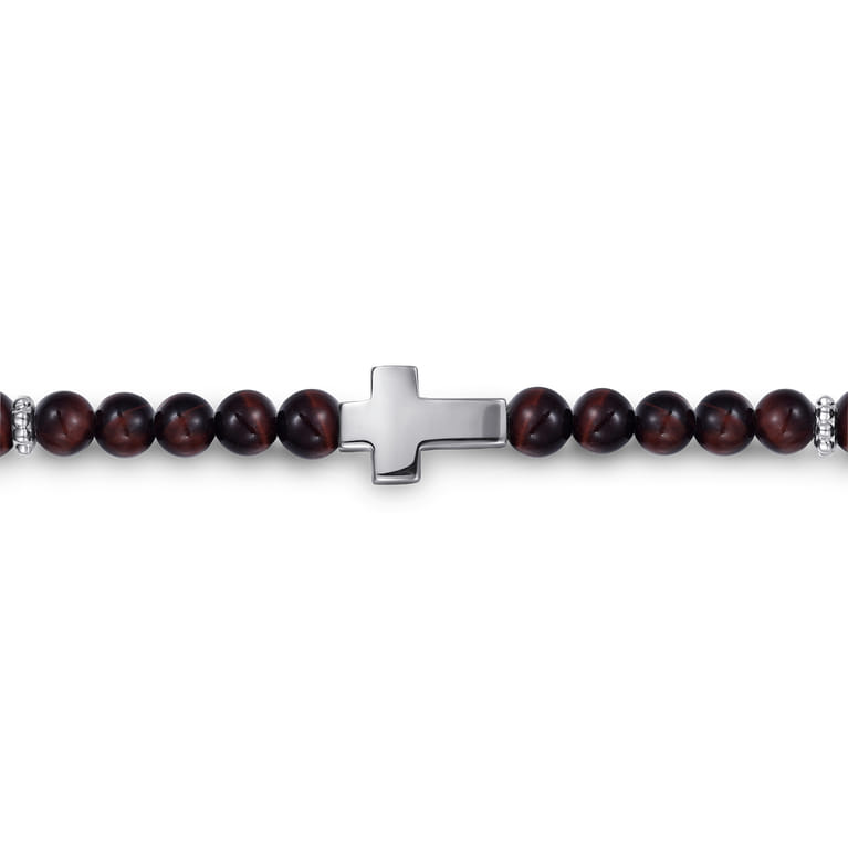 925 Sterling Silver Cross Bracelet with 4mm Tiger Eye Beads - Shot 2