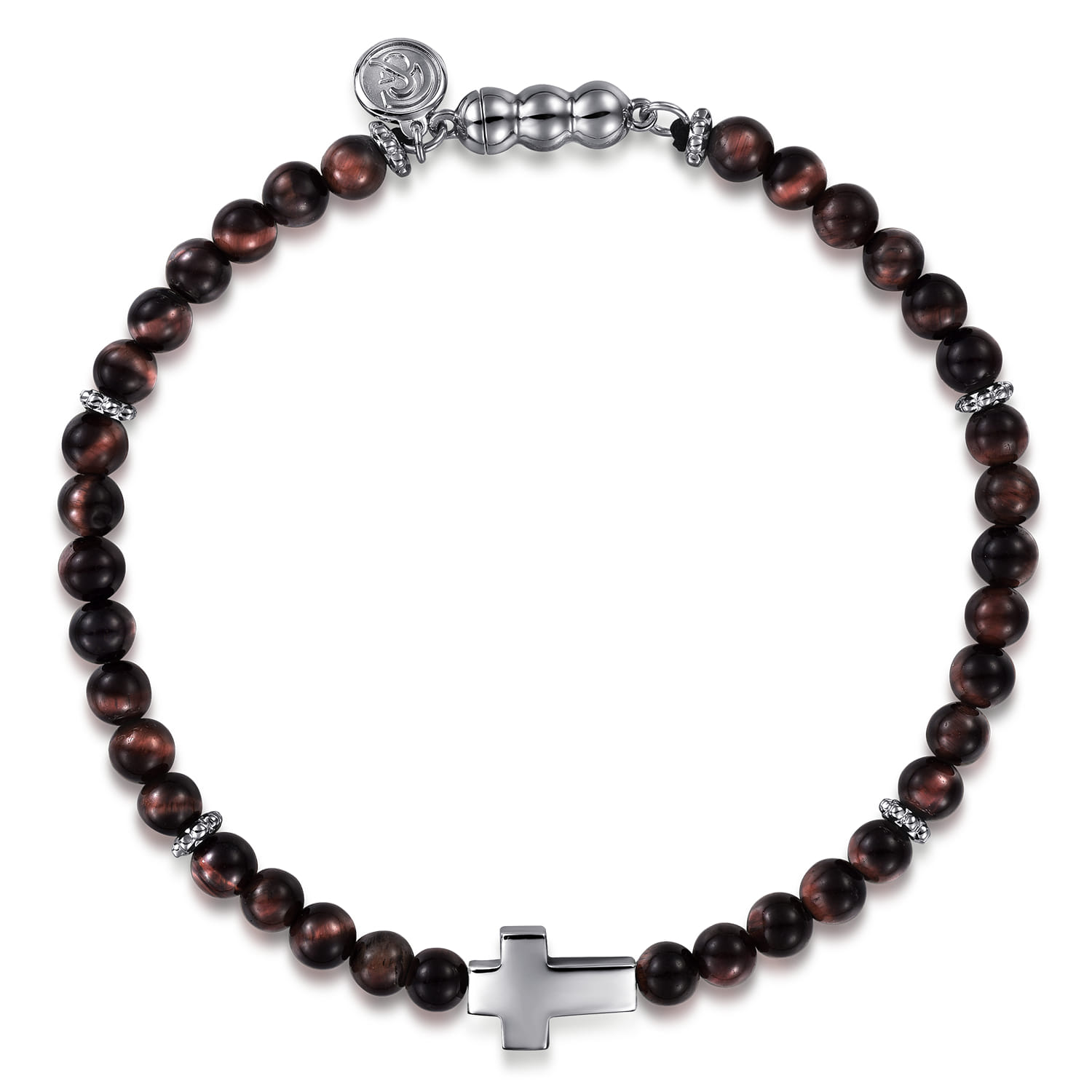 925 Sterling Silver Cross Bracelet with 4mm Tiger Eye Beads - Shot 1