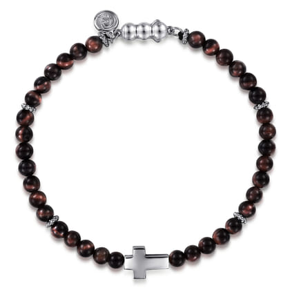 925 Sterling Silver Cross Bracelet with 4mm Tiger Eye Beads