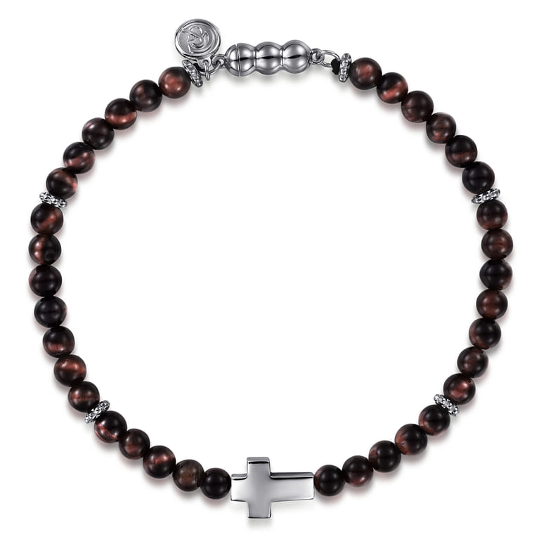 925 Sterling Silver Cross Bracelet with 4mm Tiger Eye Beads - Shot 1
