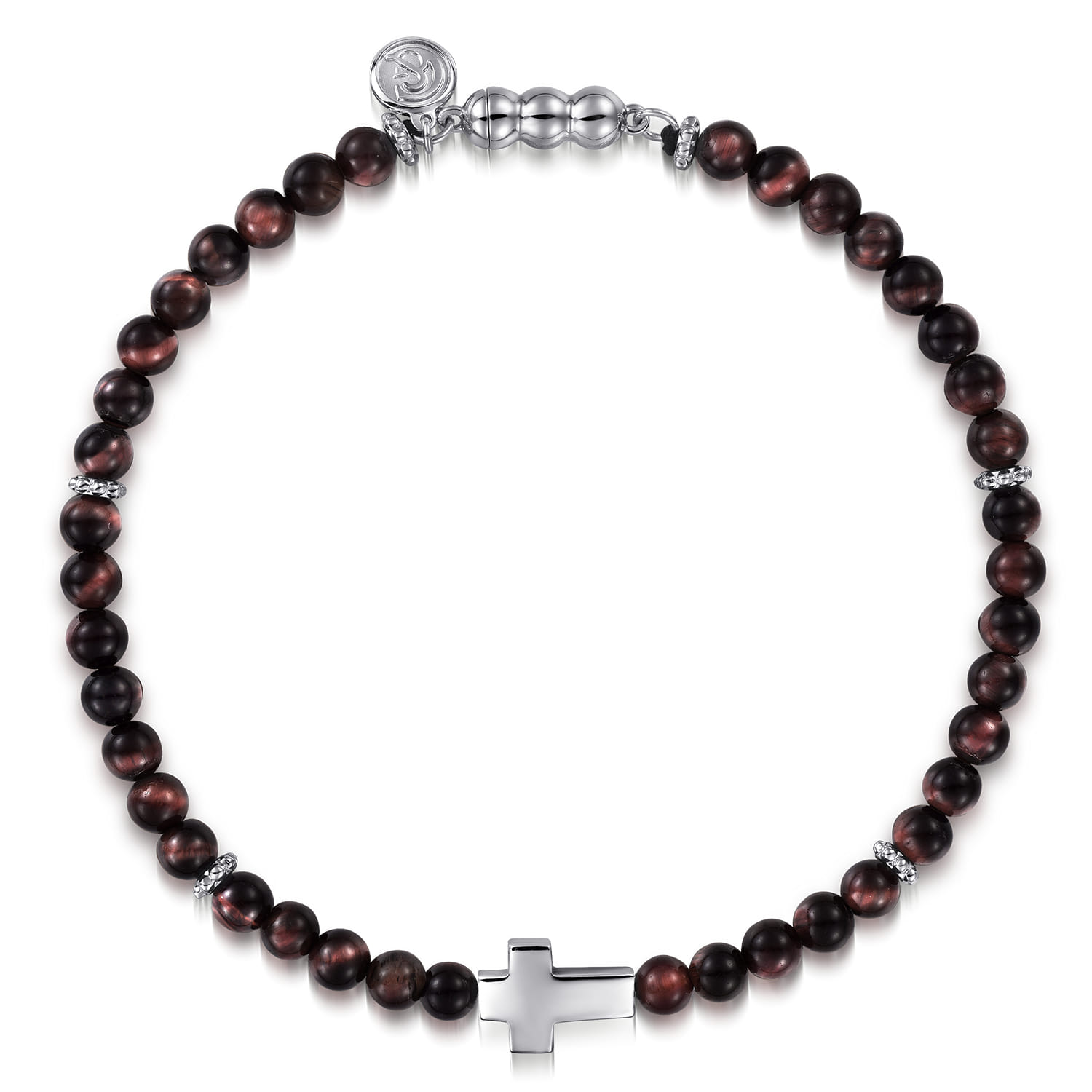 925 Sterling Silver Cross Bracelet with 4mm Tiger Eye Beads - Shot 1