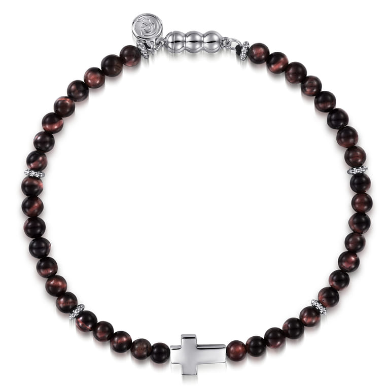 925 Sterling Silver Cross Bracelet with 4mm Tiger Eye Beads - Shot 1