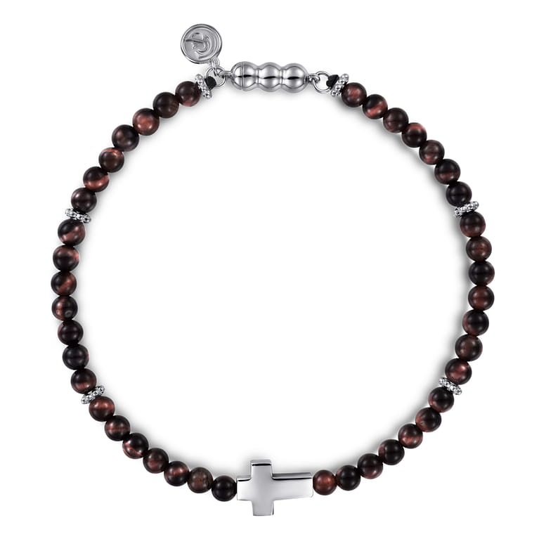 925 Sterling Silver Cross Bracelet with 4mm Tiger Eye Beads - Shot 1