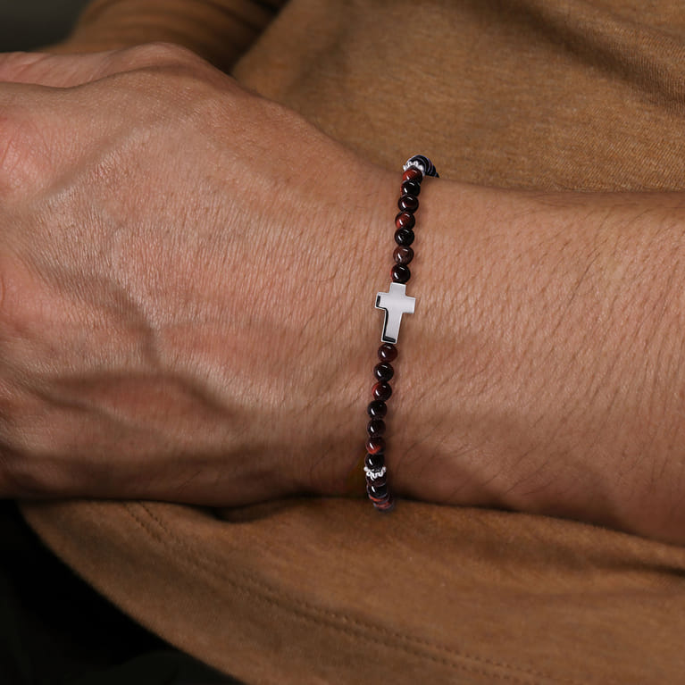 925 Sterling Silver Cross Bracelet with 4mm Tiger Eye Beads - Shot 3