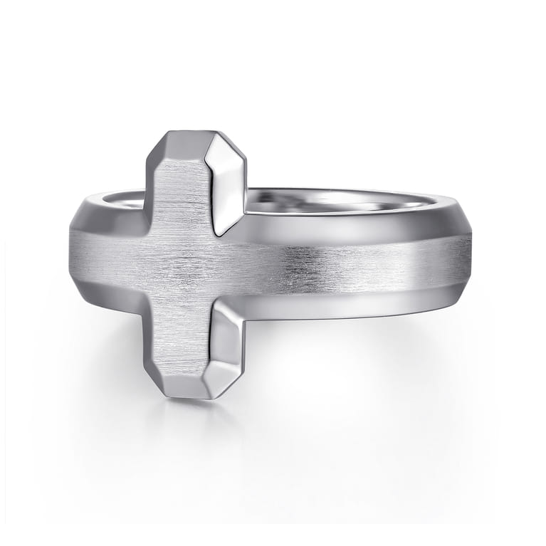 925 Sterling Silver Cross Men's Faceted Ring - Shot 1