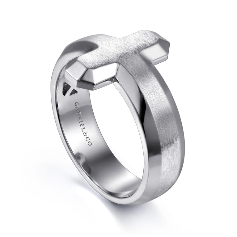925 Sterling Silver Cross Men's Faceted Ring - Shot 3