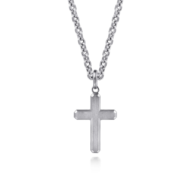 925 Sterling Silver Cross Pendant with Vertical Brush - Shot 3