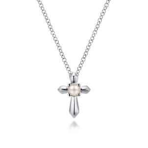 925 Sterling Silver Cultured Pearl Cross Necklace
