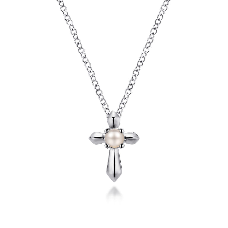 925 Sterling Silver Cultured Pearl Cross Necklace - Shot 1