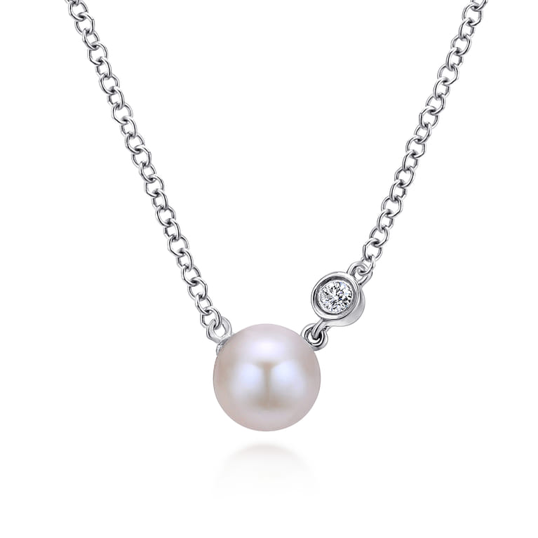 925 Sterling Silver Cultured Pearl and Diamond Pendant Necklace - 0.02 ct - Shot 1
