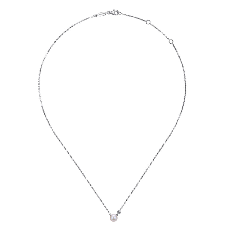 925 Sterling Silver Cultured Pearl and Diamond Pendant Necklace - 0.02 ct - Shot 2