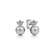 925 Sterling Silver Diamond Bujukan Pearl Stud Earrings
