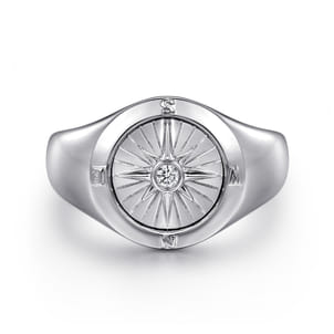 925 Sterling Silver Diamond Compass Signet Ring