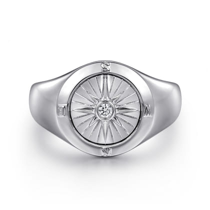 925 Sterling Silver Diamond Compass Signet Ring