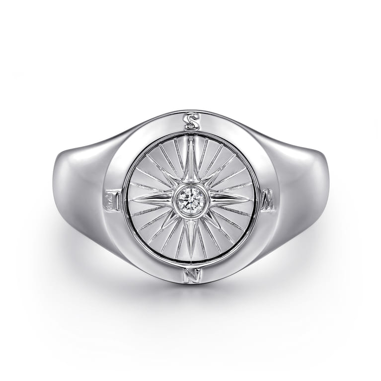 925 Sterling Silver Diamond Compass Signet Ring - Shot 1
