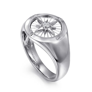925 Sterling Silver Diamond Compass Signet Ring