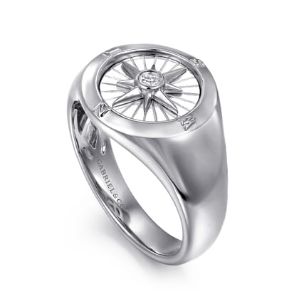 925 Sterling Silver Diamond Compass Signet Ring