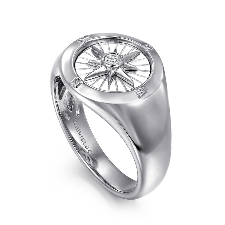 925 Sterling Silver Diamond Compass Signet Ring - Shot 3