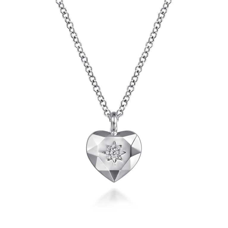 925 Sterling Silver Diamond Cut Heart Pendant Necklace - 0.01 ct - Shot 1