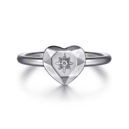 925 Sterling Silver Diamond Cut Heart Ring