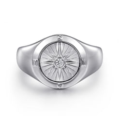 925 Sterling Silver Diamond Signet Mens Ring in High Polished Finish