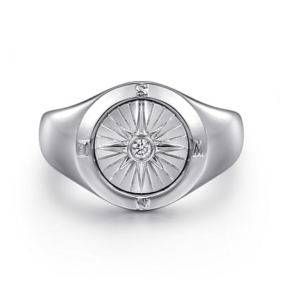 925 Sterling Silver Diamond Signet Mens Ring in High Polished Finish