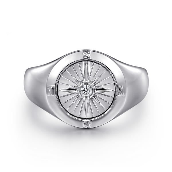 Sterling Silver Diamond Compass Signet Ring