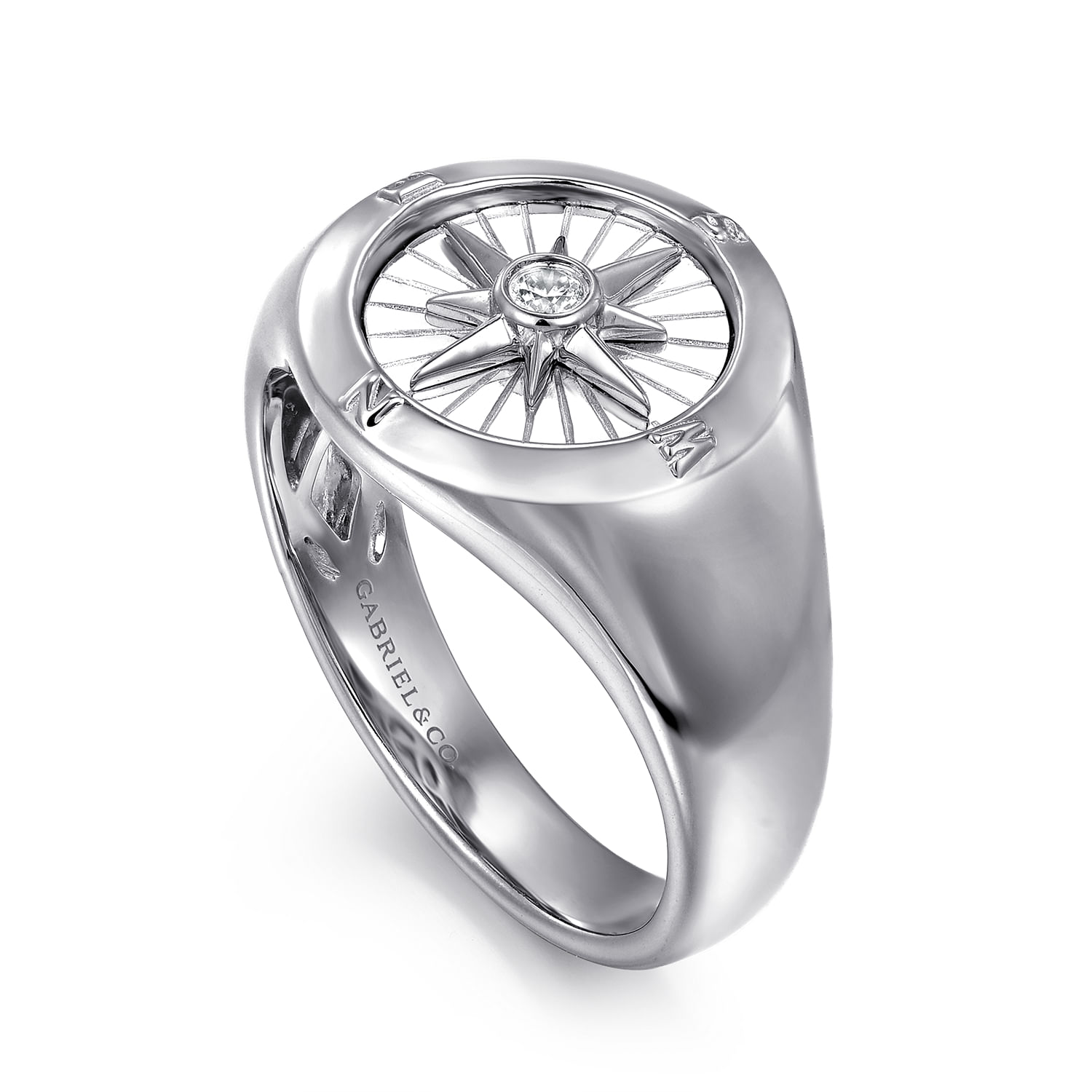 925 Sterling Silver Diamond Signet Mens Ring in High Polished Finish