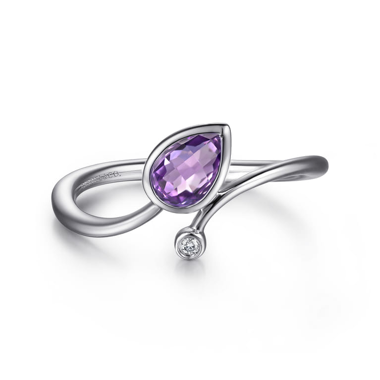 925 Sterling Silver Diamond and Amethyst Teardrop Bypass Ring - 0.01 ct - Shot 1