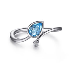 925 Sterling Silver Diamond and Blue Topaz Teardrop Bypass Ring