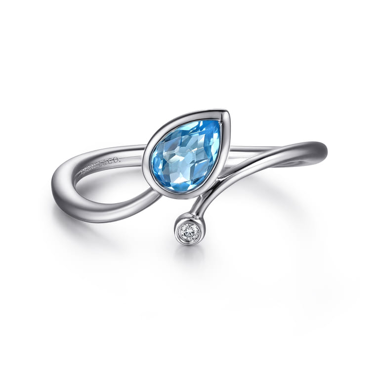 925 Sterling Silver Diamond and Blue Topaz Teardrop Bypass Ring - 0.01 ct - Shot 1