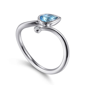 925 Sterling Silver Diamond and Blue Topaz Teardrop Bypass Ring