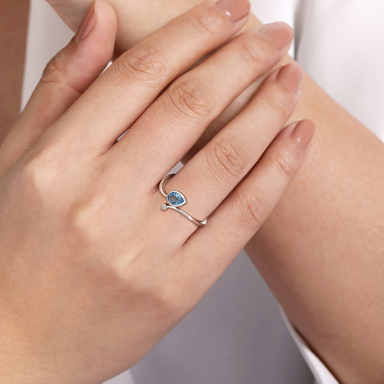 925 Sterling Silver Diamond and Blue Topaz Teardrop Bypass Ring - 0.01 ct - Shot 5