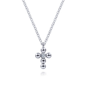 925 Sterling Silver Diamond and Bujukan Bead Cross Necklace