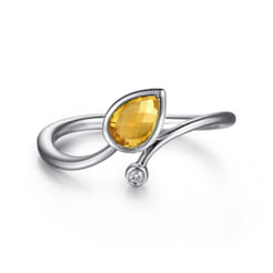 925 Sterling Silver Diamond and Citrine Teardrop Bypass Ring