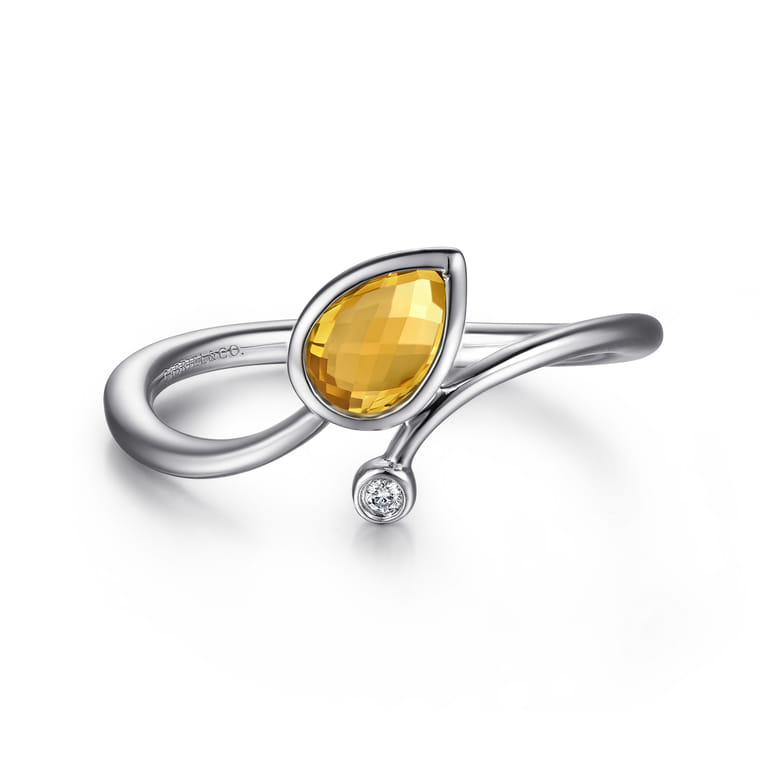 925 Sterling Silver Diamond and Citrine Teardrop Bypass Ring - 0.01 ct - Shot 1