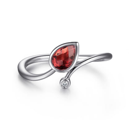 925 Sterling Silver Diamond and Garnet Teardrop Bypass Ring