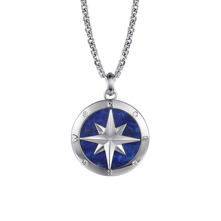 925 Sterling Silver Diamond and Lapis Compass Pendant Necklace 22 inch - 0.06 ct - Shot 1